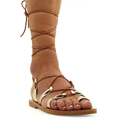 Produktbild: 39 Gold Emmanuela Kalbshohe sandalen aus Leder im antiken griechischen Stil, handgefertigte Gladiator Bindesandalen, hochwertige Riemchen sommerschuhe, Boho Chic Toe Ring Schnürsandalen