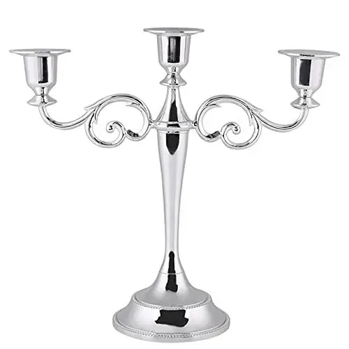 Produktbild: 3-Armiger Metall-Kerzenständer, Kerzenhalter im europäischen Stil, Kerzenständer, antiker Kandelaber, Hochzeits-Kerzenständer, schicke Dekoration für Zuhause, Weihnachtsfeier, 2 Farben (Silber)