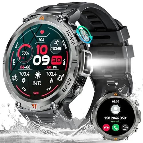 Produktbild: 3ATM wasserdichte Militär Smartwatch für Herren mit LED Taschenlampe (Bluetooth Anhuf) Robuste Taktische Smart Watch mit 110 + Sportmodi Herzfrequenz 1,45’’ HD Fitnessuhr für Samsung, Xiaomi, Huawei