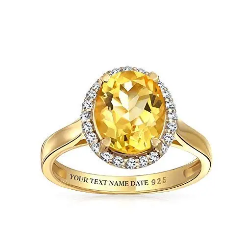 Produktbild: 3CT Brillantschliff ovaler Edelstein gelber Citrin Zirkon Halo Ring für Frauen -14K vergoldet .925 Silber November Geburtsstein individuell graviert