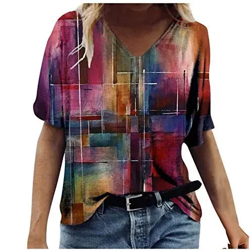 Produktbild: 3D Druck Damen T-Shirt Sommer Kurzarm Oberteile Tshirt V-Ausschnitte Loose Tunika Bluse Bunte Motiv Tops Oversize Shirt Top Pulli