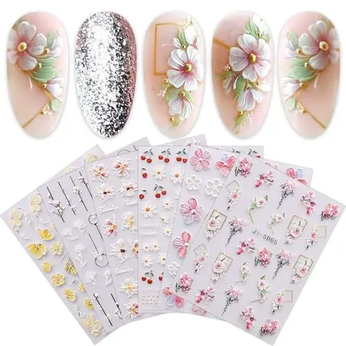 Produktbild: 3D Nagelsticker Geprägte Blume Blätter, 6 Blatt 5D Selbstklebend Nagelaufkleber Stereoskopisch Nail Art Sticker Dekoration Nageldesign Zubehör