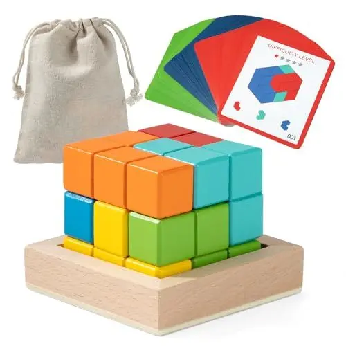 Produktbild: 3D Soma Cube Buntes Bausteine Würfel Puzzle, Große Hölzerne Quadratische IQ Math Geduldspiel Knobelspiel Pädagogisches Spielzeug für Kinder Erwachsene Jungen Mädchen
