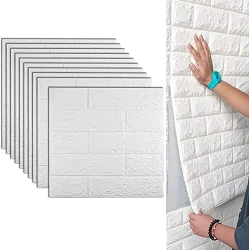 Produktbild: 3D Tapete Wandpaneele Selbstklebend,10 Stück Abnehmbarer Brick Wand Aufkleber 3D Brick Tapete,Brick Pattern Wallpaper Wandaufkleber, für Wohnzimmer Schlafzimmer Kinderzimmer (35 * 38.5cm, Weiß)