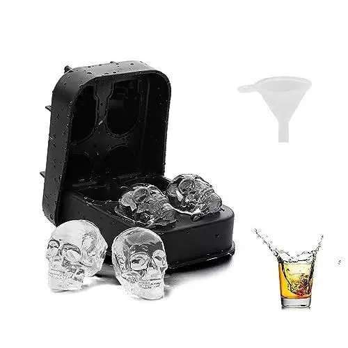 Produktbild: 3D Totenkopf Silikon Eiswürfel,4 Gitter Silikon Eiswürfelform Silikon Ice Cubes Mold Tray mit Deckel Ice Cube Maker in Formen für Whiskey,Cocktail und Jedes Getränk (Schwarz)