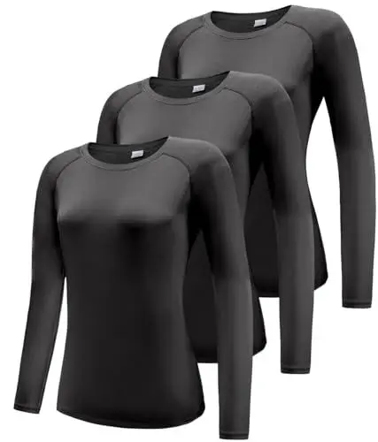 Produktbild: 3er Pack Funktionsshirt Damen Langarm, UPF 50+ Sonnenschutz Schnelltrocknend Funktionsshirt Laufshirts, Atmungsaktiv Langarmshirt Sportshirt Workout Sport Oberteil Yoga Shirts Black 3P07-L
