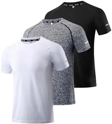 Produktbild: 3er Pack Herren Sport T-Shirt Kurzarm Rundhals Atmungsaktiv Schnelltrocknendes Funktionsshirt Laufshirt Fitnessshirt Trainingsshirt für Running Workout Bodybuilding Black/White/HGrey-3P07-S