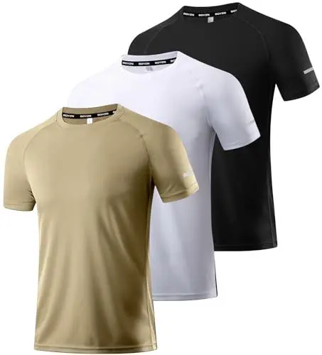 Produktbild: 3er Pack Herren Sportshirt Atmungsaktiv Schnelltrocknendes Laufshirt Leichte Trainingsshirt Funktionsshirt Wandershirt Fitnessshirt Sommer Kurzarm T-Shirt für Männer Black/White/Khaki-3P12-L