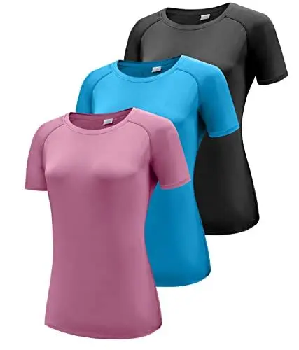 Produktbild: 3er Pack Sport T-Shirt Damen, Kurzarmshirt Frauen, Workout Tops Rundhals Sport Casual Oberteile, Kurzarm Funktionsshirt Laufshirt, Sommer Gym Top Yoga Shirt Fitness T-Shirts Black/Blue/Pink 3P14-2XL