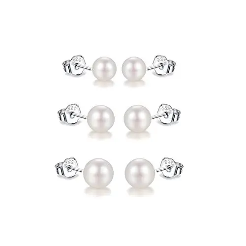 Produktbild: 3er Perlenohrringe Silber 925 Weiße Perlenohrstecker Echte Perlen Süßwasserperlen Ohrringe Stecker Süßwasser-zuchtperlen Ohrringe 5mm 6mm 7mm 3 Paar Set