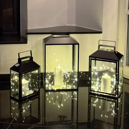 Produktbild: 3er Set Gartenlaterne Windlicht Laterne Laternen Metalllaterne Set Dekoration Außen Metall Schwarz H28/35/44cm
