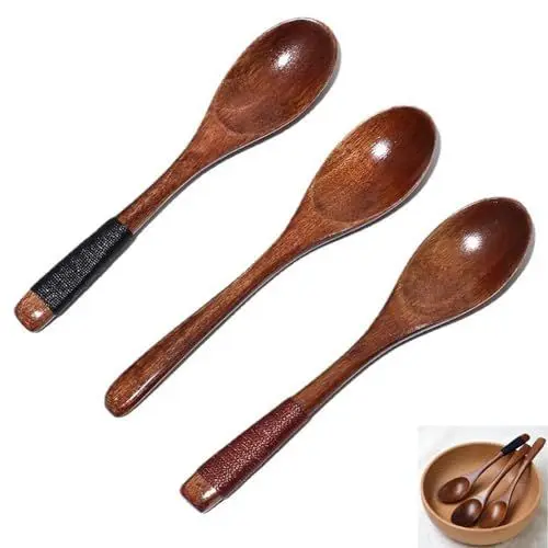 Produktbild: 3er-Pack, holzlöffel esslöffel,kleine Holzlöffel, handgefertigte Holzlöffel für Kaffee, Tee, Geschirr, Dessertlöffel, Suppenlöffel, Esslöffel für Tee, Kaffee, Honig, Zucker, Gewürze, Suppe, Reis