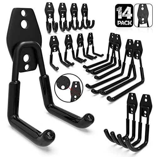 Produktbild: 3-H 14 Stück Wandhaken Garage Haken Schwerlast Doppelhaken Multi Größe Garage Storage Hooks für Leiter Fahrrad Geräte Garten Schwarz