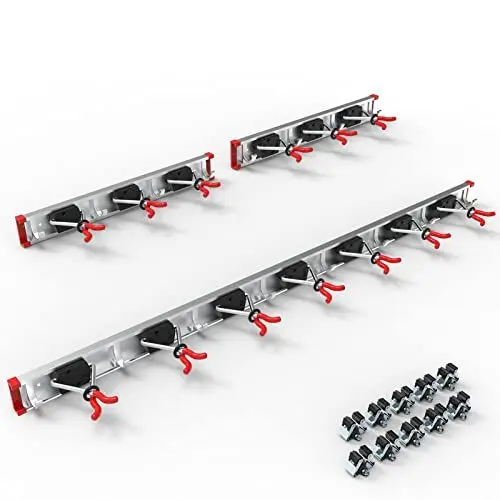 Produktbild: 3-H 3pc Gerätehalter 1x90cm 2x43cm Gartengerätehalter inklu. 13 Halter, 16 Alu. Haken mit 10 Besenhalter Geräteleisten für Garten Geräte Besen Werkstatt Rot(176cm/69.29inch)