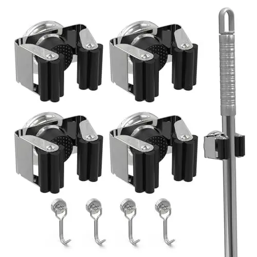 Produktbild: 3-H 4 Stück Magnetischer Besenhalter, Gerätehalter Gartengerätehalter, Edelstahl Besenhalterung Wand Aufhängung Besen, mit 4 Stück Magnetische Haken für Küche, Badezimmer, Garage, Garten, Zuhause