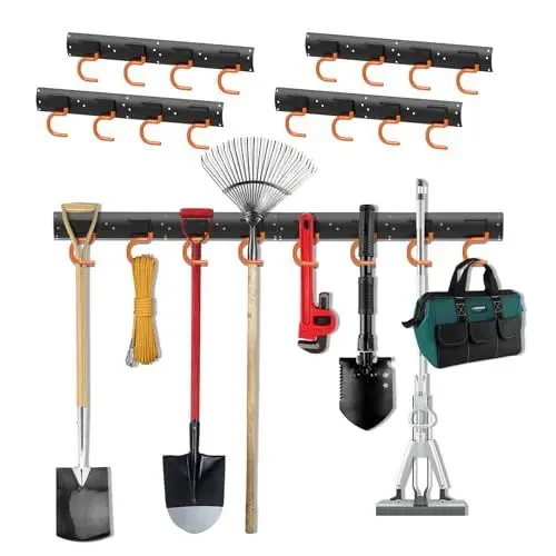 Produktbild: 3-H Wandhalterung Gartengeräte 4 x 42cm,Gartengeräte Aufhängung Stahl,Gartengerätehalter für Garage, Geräteschuppen, Keller, Abstellraum, Garten(Schwarz)