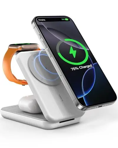 Produktbild: 3-IN-1 Ladestation und 10000mAh Powerbank, RORRY Faltbare Kabellose Ladegerät für MagSafe iPhone 16/15/14/13, Wireless Charger für Apple Watch AirPods Pro, PD 20W USB-C Power Bank für Samsung, Weiß