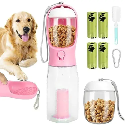Produktbild: 3-in-1 Trinkflasche Hunde für Unterwegs 600ml - Auslaufsicher Hundetrinkflasche mit 100g Hundefutter Becher & 4 Hundekotbeutel, Haustiere Tragbare Wasserflasche Hund Katze zum Wandern, Reisen(Rosa)