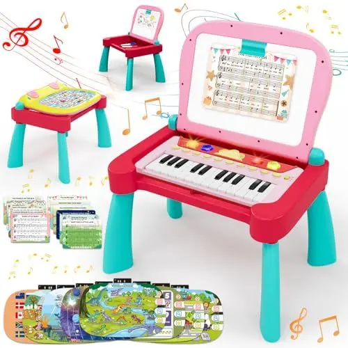 Produktbild: 3-in-1-Touch & Learn-Aktivitätspult, interaktives Lernsystem, pädagogisches Spielzeug mit 24-Tasten-Klaviertastatur für kinder von 2–5, Whiteboard-Zeichentisch, Aktivitätszentrum für Jungen Mädchen