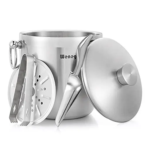 Produktbild: 3L Eiskübel Edelstahl mit Deckel, Schaufel, Zange und Sieb – gut verarbeiteter isolierter Edelstahl Doppelwandig hält EIS länger gefroren, ideal für Cocktail-Bar, Partys, Chilling Wein, Champagner