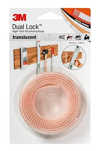 Produktbild: 3M Dual Lock SJ3560, wiederlösbares Kletthaftband, starke Belastbarkeit, Für Innen- und Außeneinsatz - Metall, Glas, Kunststoffe (ABS, Acrylat…) - 25mm x 1,25m, Transluzent, Dicke: 5.7mm (1-er Pack)