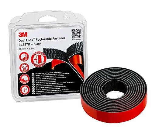 Produktbild: 3M Dual Lock SJ387B, wiederlösbares Befestigungssystem - gute Haftung auf Metallen, Pulverlackbeschichtungen und Kunststoffen wie Acrylat und ABS - 25mm x 2.5m, Schwarz, Dicke: 6.1mm (1-er Pack)