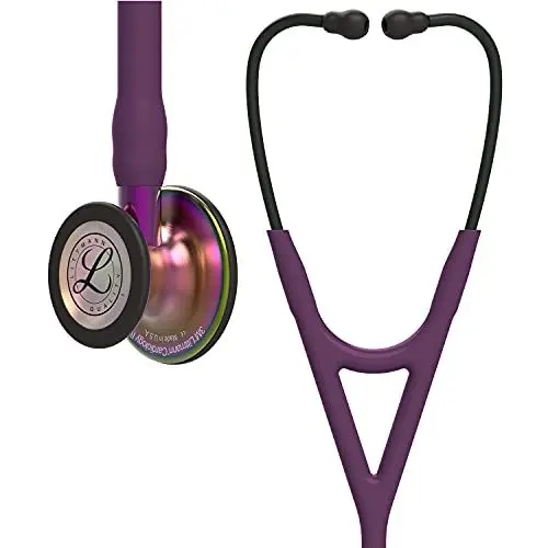 Produktbild: 3M Littmann Cardiology IV Stethoskop für die Diagnose, regenbogenfarbenes Bruststück, pflaumenfarbener Schlauch, violetter Schlauchanschluss und schwarzer Ohrbügel, 69 cm, 6205