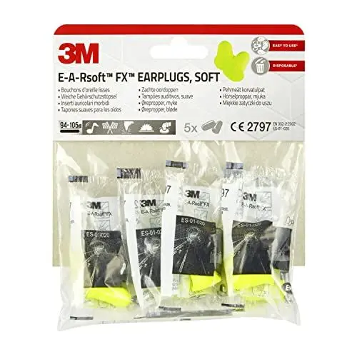 Produktbild: 3M Ohrstöpsel, Soft, E-a-RSoft FX, Gelb, Gehörschutz gegen Geräuschpegel im Bereich von 94-105 dB (SNR 39dB), (1 Packung mit 5 Paaren)