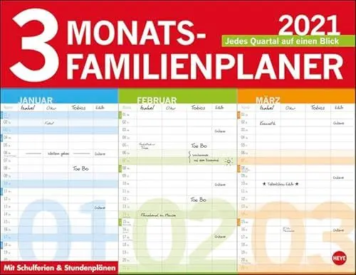 Produktbild: 3-Monats-Familienplaner Kalender 2021: Jedes Quartal auf einen Blick. Mit Schulferien und Vorschau bis März 2022