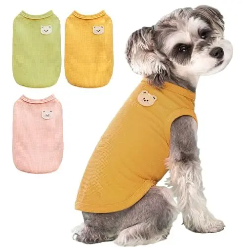 Produktbild: 3-Pack gestrickt Baumwolle Hund T-Shirt für kleine Hunde Katzen - Junge Mädchen Welpe ärmelloses Tee Weste - weiche atmungsaktive Tank Top Pullover - Sommer Haustier Kleidung, Bär S