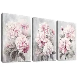 Produktbild: 3Pcs Grau Rosa Hortensien Blumen Mit Rahmen Leinwand Bilder Pfingstrose Blumen Blüte Bild auf Leinwand Malerei Poster Wandbilder Wanddeko Wohnzimmer Schlafzimmer Dekorationen 120x60cm (16