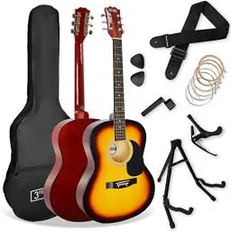 Produktbild: 3rd Avenue 4/4 Westerngitarren-Set in Normalgröße mit Stahlsaiten, für Anfänger – Gigbag, Plektren, Ersatzsaiten, Ständer, Gurt, Kapodaster – in Sunburst