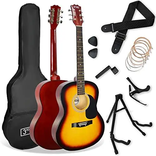 Produktbild: 3rd Avenue 4/4 Westerngitarren-Set in Normalgröße mit Stahlsaiten, für Anfänger – Gigbag, Plektren, Ersatzsaiten, Ständer, Gurt, Kapodaster – in Sunburst