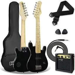 Produktbild: 3rd Avenue E-Gitarrenset für Kinder in 1/4-Größe, Junior-Gitarre für Anfänger – mit 6 Monate KOSTENLOSEM Unterricht, tragbarem Verstärker mit 5 W, Kabel, Tasche, Plektren und Gurt – in Schwarz