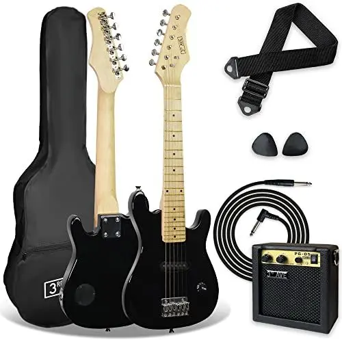 Produktbild: 3rd Avenue E-Gitarrenset für Kinder in 1/4-Größe, Junior-Gitarre für Anfänger – mit 6 Monate KOSTENLOSEM Unterricht, tragbarem Verstärker mit 5 W, Kabel, Tasche, Plektren und Gurt – in Schwarz