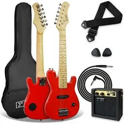 Produktbild: 3rd Avenue E-Gitarrenset für Kinder in 1/4-Größe, Junior-Gitarre für Anfänger – mit 6 Monate KOSTENLOSEM Unterricht, tragbarem Verstärker mit 5 W, Kabel, Tasche, Plektren und Gurt – in Rot