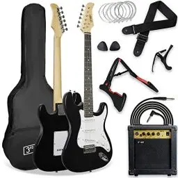 Produktbild: 3rd Avenue XF Full Size 4/4 E-Gitarre Ultimate Kit Mit 10-W-Verstärker, Digitalem Stimmgerät, Kabel, Ständer, Gigbag, Gurt, Ersatzsaiten, Plektren, Kapodaster - Schwarz