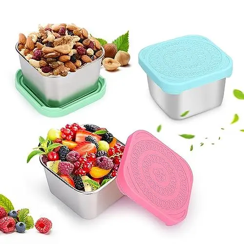 Produktbild: 3Stück Snack-Behälter, 180ml 304 Edelstahl Metall Soße Lebensmittel Lagerung Box Container Mit Silikon-Deckel, Wiederverwendbare Kleine Tragbare Auslaufsicher Food Lunch Boxen Set, Leicht zu Öffnen