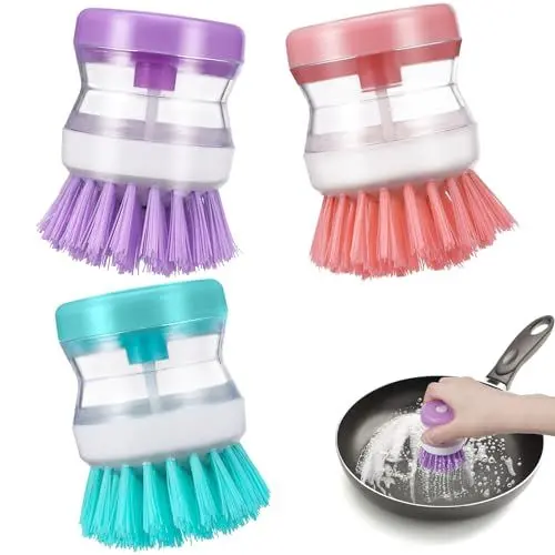 Produktbild: 3Stück Spülbürste mit Spülmittelspender, Nachfüllbar Befüllbare Spülbürste, Haltbar Küchenbürste, Multifunktionale Reinigungsbürste & Dichten Premium-Borsten, Durchsichtig Abwaschbürste für Spüle Topf