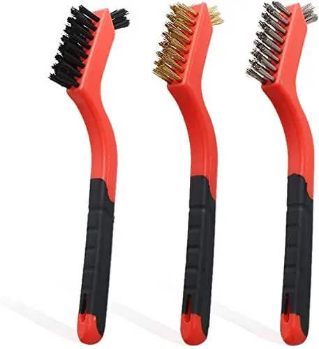 Produktbild: 3-teiliges Drahtbürstenset mit gebogenem Griff, Bürstenkopf aus Messing/Nylon/Edelstahl, gekräuselter Hochleistungs-Kratzbürste zum Reinigen von Schweißschlacke, Schmutz, Rost und Tiefenreinigungen