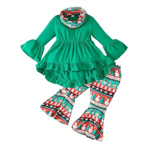 Produktbild: 3-teiliges Set für, langärmlig, Oberteil mit Rüschensaum, Schlaghose mit -Print und passendem Latz, Weihnachts-Mädchen-Outfit Hoodie Baby Mädchen (Mint Green, 18-24 Months)