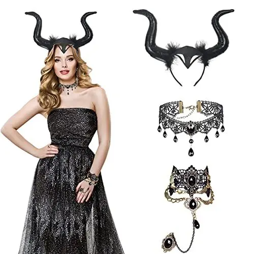 Produktbild: 3TLG Kostüm Hörner Kopfschmuck Set, Schwarz Kopfbedeckung mit Gothic Spitze Halskette Armbänder Schmuck, Teufel Haarschmuck Halloween Damen Kostüm für Fasching Cosplay Maskerade Halloween Karneval