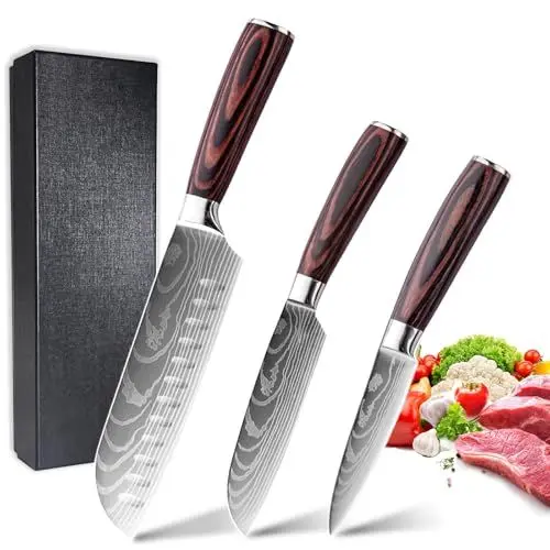 Produktbild: 3-tlg Küchenmesser Set, Messerset aus Hochwertigem Edelstahl, Premium Küchenmesserset Ergonomischem Holzgriff, Scharfe Messer Set und Profi Kochmesser, Allzweckmesser, Küchenmesser-Geschenkbox-Set