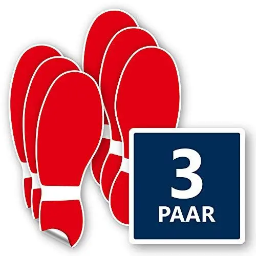 Produktbild: 3X Paar Bodenmarkierung Fuß Aufkleber in rot – Kratzfest, selbstklebend & rutschfest - Bodenaufkleber Fußspur je 120x320 mm