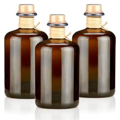 Produktbild: 3x Apothekerflaschen 500ml braun schwarz leer Profiset komplett mit edlen Echtholzkorken natur Flaschenkapseln & Bast Band Geschenk Braunglas Flaschen 0,5 L für Öl, Gin, Kräuter Schnaps uvm.