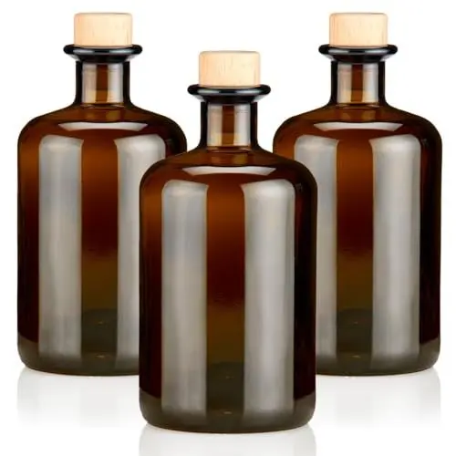 Produktbild: 3x Apothekerflaschen braun 500ml leer Holzkorken natur, elegante Braunglas Flaschen schwarz antik für Öl, Gin, Kräuter Schnaps od. als Geschenk 0,5L Glasflaschen