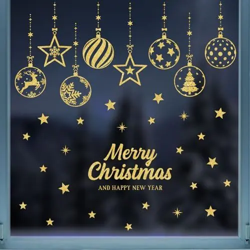 Produktbild: 4 Blatt Weihnachten Fensterbilder Weihnachtskugeln Elch Doppelseitig Fensterdeko Wiederverwendbar Fenstersticker Selbstklebend Fenster Aufkleber Deko Winter für Glas Kinderzimmer Fensterfolie