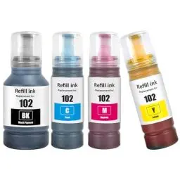 Produktbild: 4 Farb Multipack 102 Tintenflaschen kompatibel für EPSON 102 Tinte ET-2700 ET-2750 ET-2751 ET-2756 ET-2850 ET-2851 ET-2856 ET-3700 ET-3750 ET-3850 ET-4750 ET-4850 ET-4856 ET-15000 Drucker