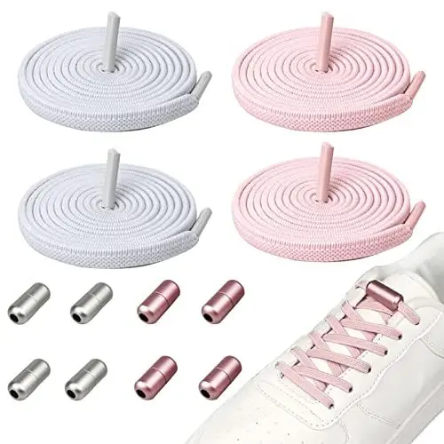 Produktbild: 4 Paar Flache Schnürsenkel Ohne Binden Schleifenlose Schuhbänder Schnürsenkel Elastischer Schnürsenkel Flach mit Schnellschnürsystem Ersatz-Schnürsenkel für Sneaker Laufschuhe Sporschuhe (Weiß+Rosa)
