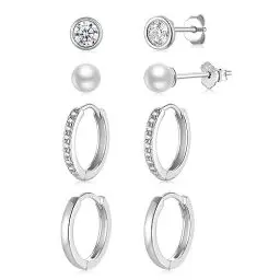 Produktbild: 4 Paar Ohrstecker Creolen Silber 925 Klein für Damen, AAA+ Zirkonia Perlen Ohrstecker Ohrringe Gold Set, Knorpel Huggie 14K Vergoldete Goldene Ohrringe für Mädchen Frauen